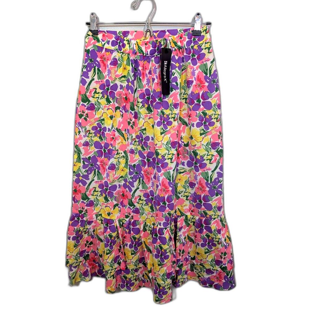 Women's Flowy Midi Floral Printed Skirt -Allegra K- Size S - Picture 6 of 9